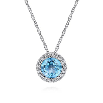 GABRIEL & CO- 14K White Gold Round Swiss Blue Topaz and Diamond Halo Pendant Necklace